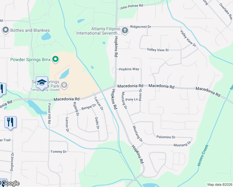 map of restaurants, bars, coffee shops, grocery stores, and more near 3191 Hopkins Road in Powder Springs