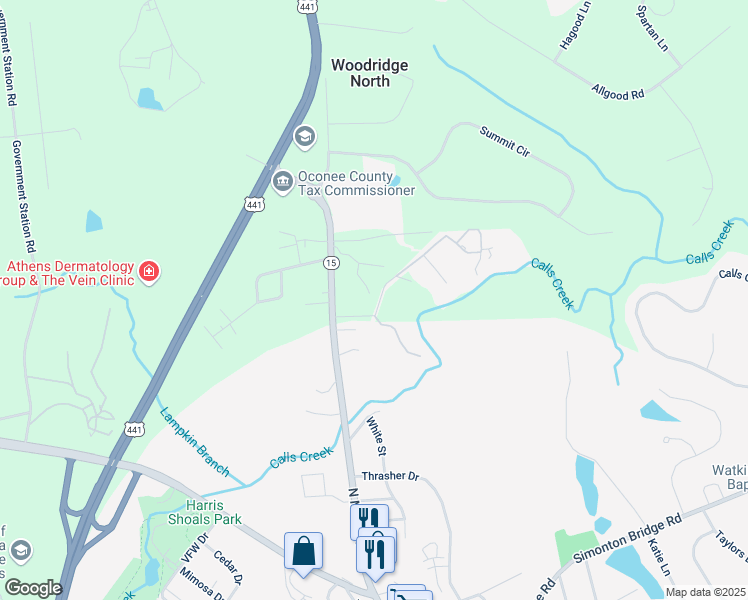 map of restaurants, bars, coffee shops, grocery stores, and more near 1044 Jones Drive in Watkinsville