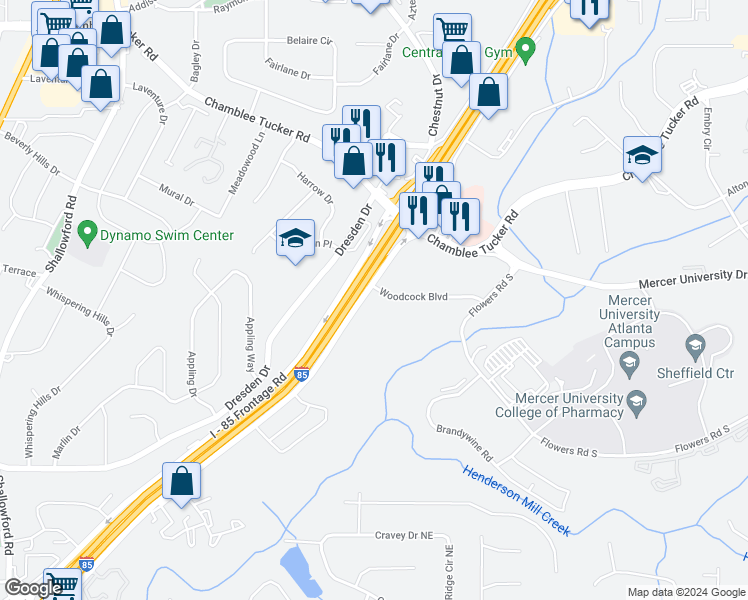 map of restaurants, bars, coffee shops, grocery stores, and more near 3395 I - 85 Frontage Road in Atlanta