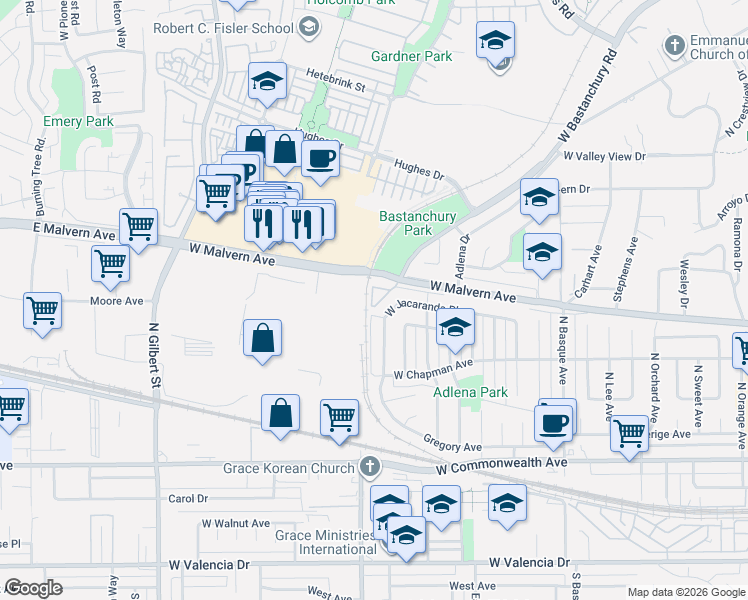 map of restaurants, bars, coffee shops, grocery stores, and more near in Fullerton