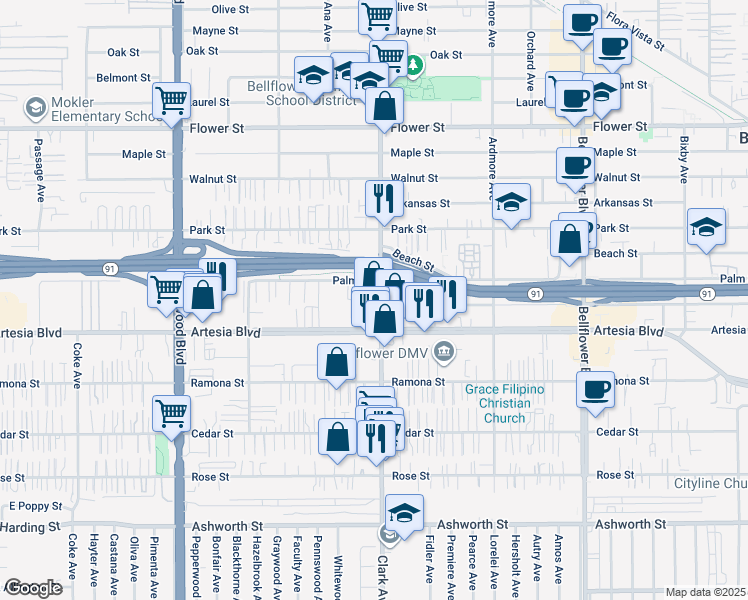 map of restaurants, bars, coffee shops, grocery stores, and more near 17221 Clark Avenue in Bellflower
