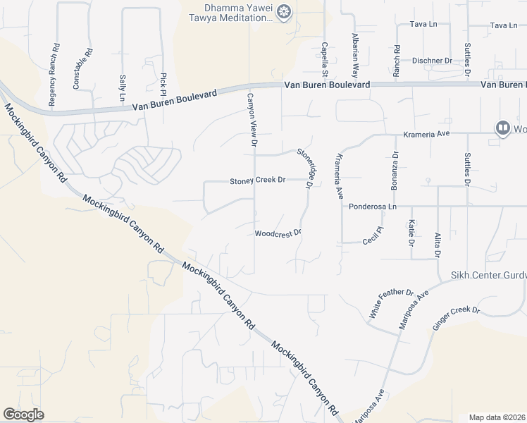 map of restaurants, bars, coffee shops, grocery stores, and more near 16750 Canyon View Drive in Riverside