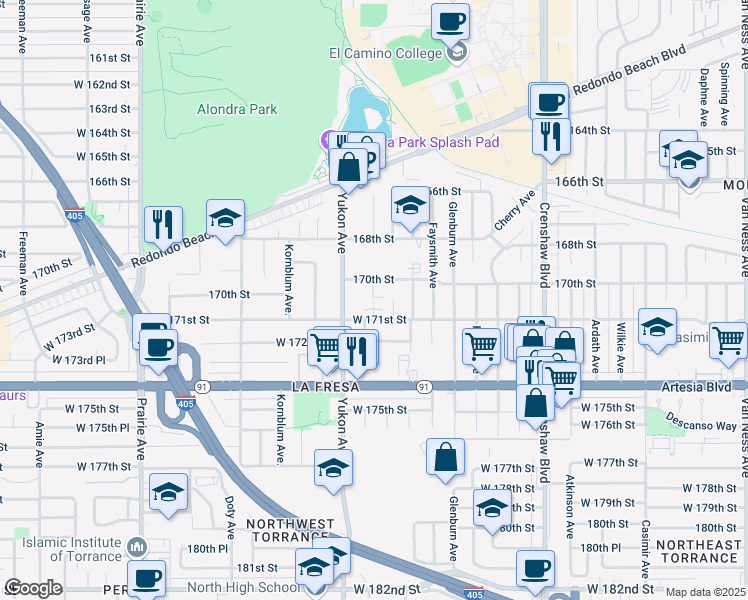 map of restaurants, bars, coffee shops, grocery stores, and more near 3459 West 171st Street in Torrance
