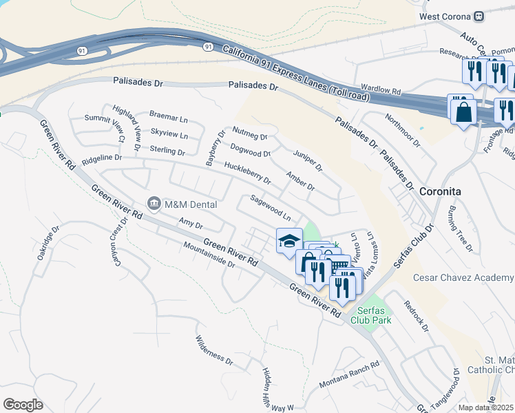 map of restaurants, bars, coffee shops, grocery stores, and more near 3214 Sagewood Lane in Corona