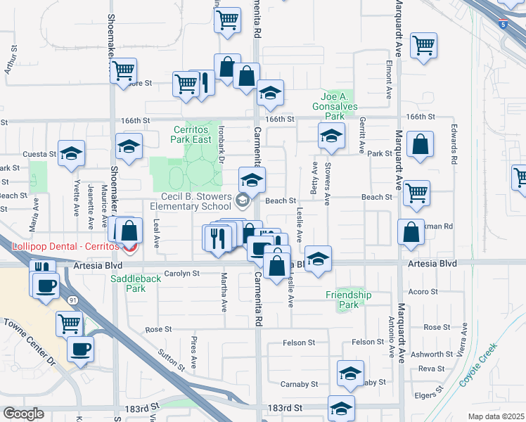 map of restaurants, bars, coffee shops, grocery stores, and more near 17105 Holmes Circle in Cerritos