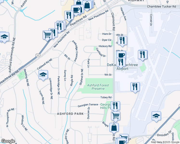 map of restaurants, bars, coffee shops, grocery stores, and more near 2993 Park Lane in Chamblee
