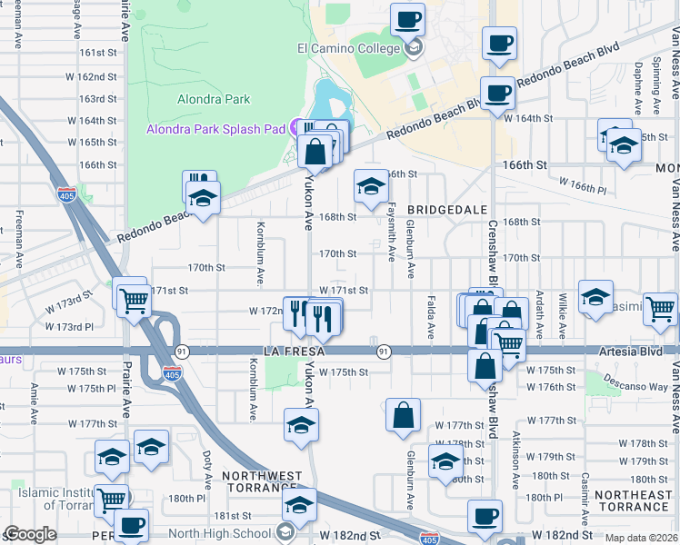 map of restaurants, bars, coffee shops, grocery stores, and more near 3459 West 171st Street in Torrance