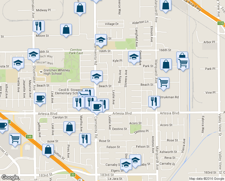 map of restaurants, bars, coffee shops, grocery stores, and more near 13469 Palm Place in Cerritos