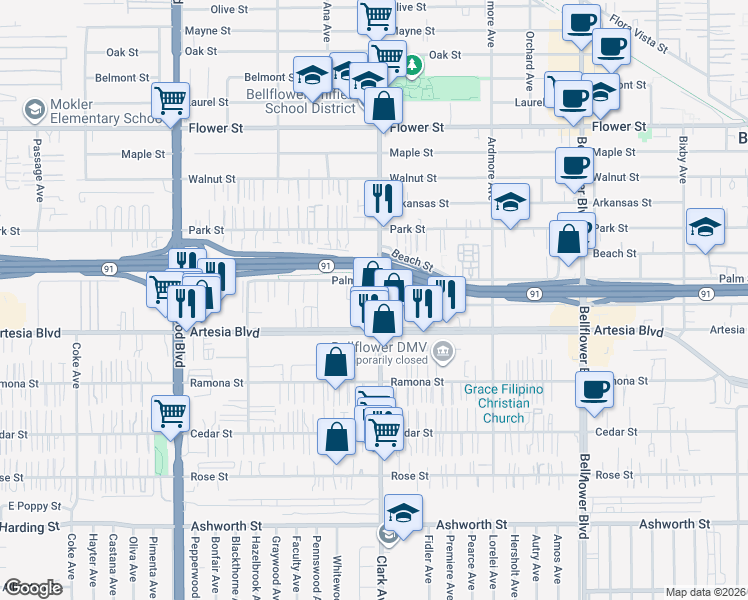 map of restaurants, bars, coffee shops, grocery stores, and more near 17221 Clark Avenue in Bellflower