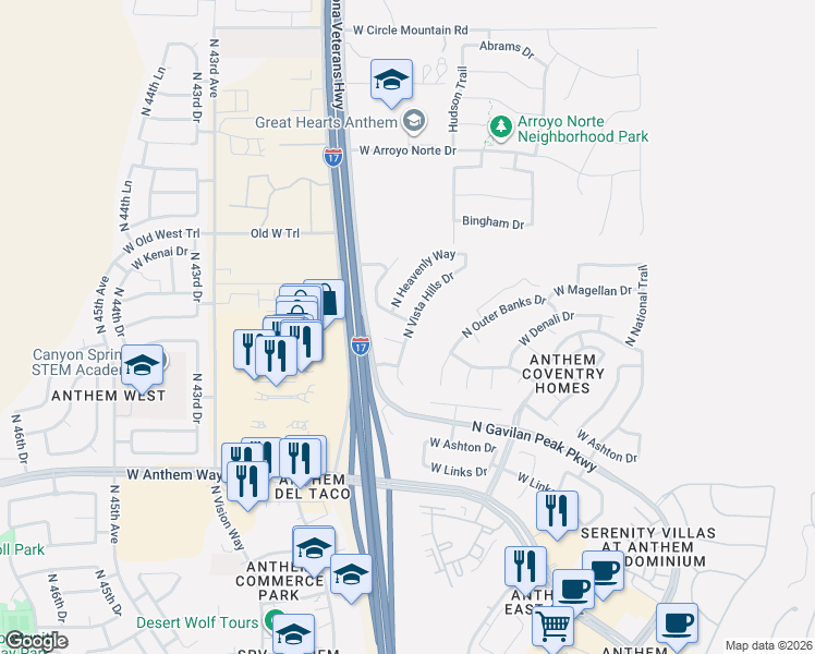 map of restaurants, bars, coffee shops, grocery stores, and more near 3927 West Ericson Drive in New River