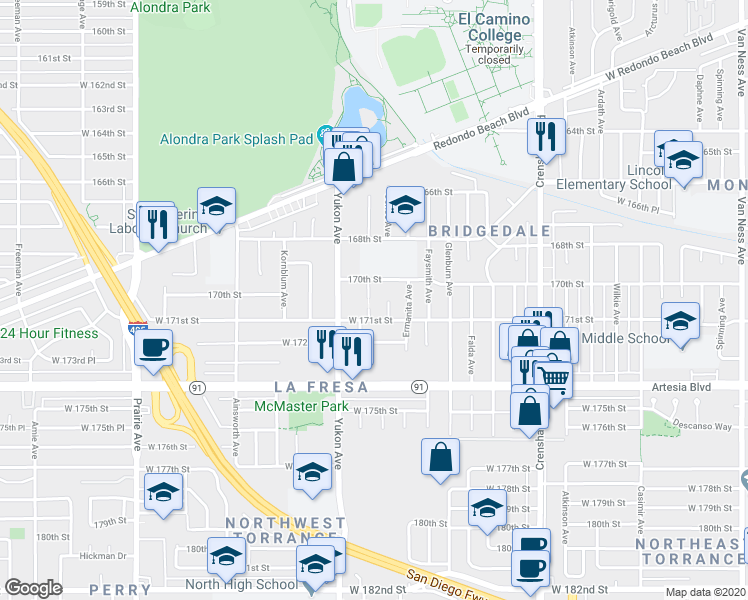 map of restaurants, bars, coffee shops, grocery stores, and more near 3480 170th Street in Torrance