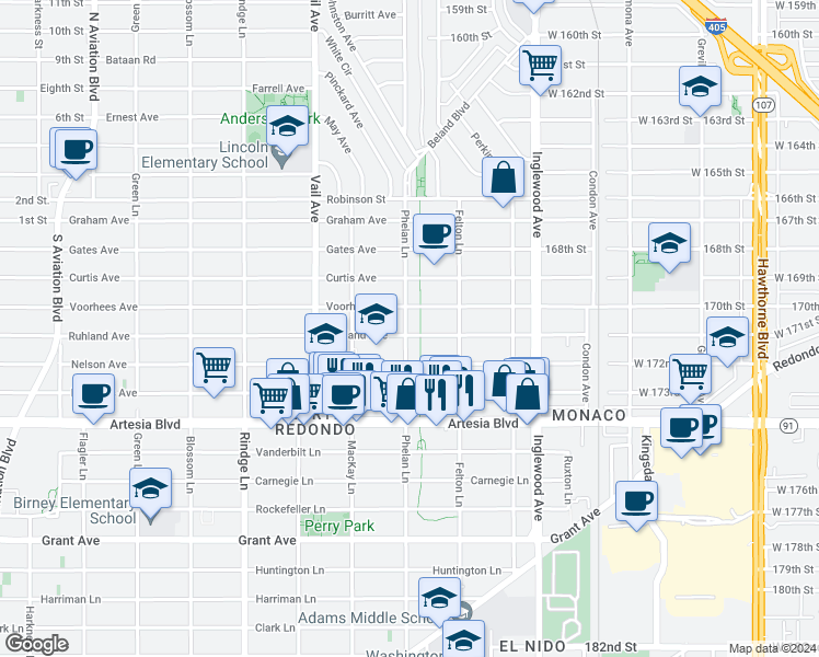 map of restaurants, bars, coffee shops, grocery stores, and more near 2501 Ruhland Avenue in Redondo Beach