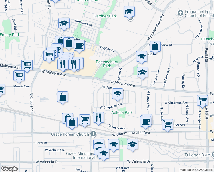map of restaurants, bars, coffee shops, grocery stores, and more near 1905 West Jacaranda Place in Fullerton