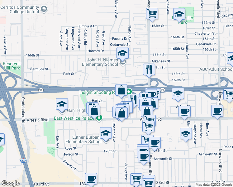 map of restaurants, bars, coffee shops, grocery stores, and more near 17027 Roseton Avenue in Artesia