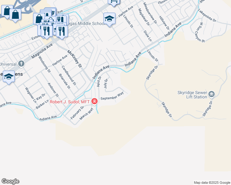 map of restaurants, bars, coffee shops, grocery stores, and more near 12996 August Circle in Riverside