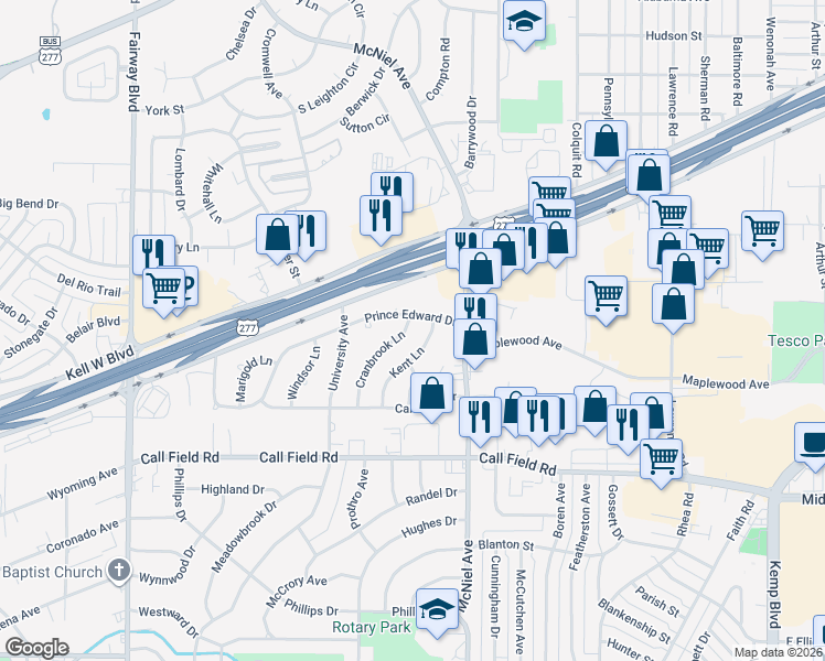 map of restaurants, bars, coffee shops, grocery stores, and more near 3503 Cranbrook Lane in Wichita Falls