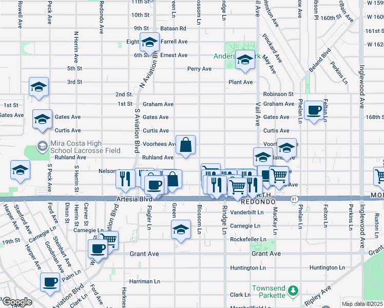map of restaurants, bars, coffee shops, grocery stores, and more near 2017 Ruhland Avenue in Redondo Beach