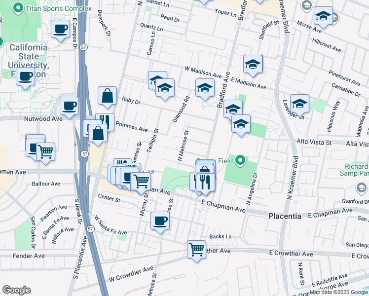 map of restaurants, bars, coffee shops, grocery stores, and more near 227 Orchid Drive in Placentia