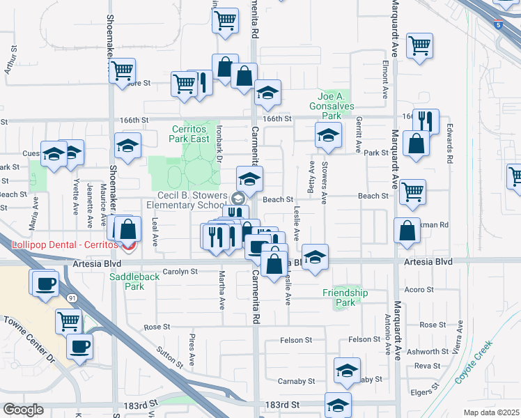 map of restaurants, bars, coffee shops, grocery stores, and more near 17105 Holmes Circle in Cerritos