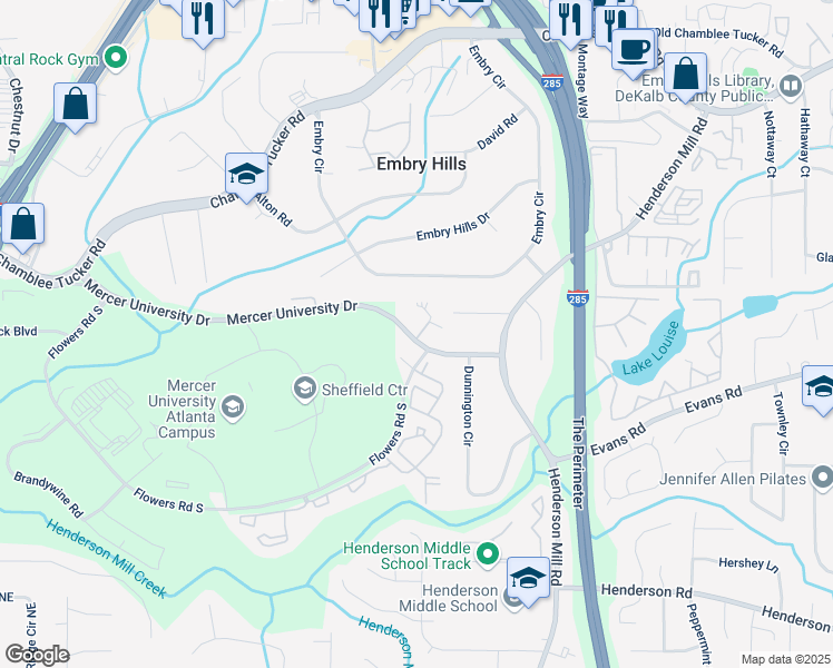 map of restaurants, bars, coffee shops, grocery stores, and more near 3254 Mercer University Drive in Atlanta