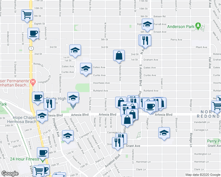 map of restaurants, bars, coffee shops, grocery stores, and more near 1617 Ruhland Avenue in Manhattan Beach