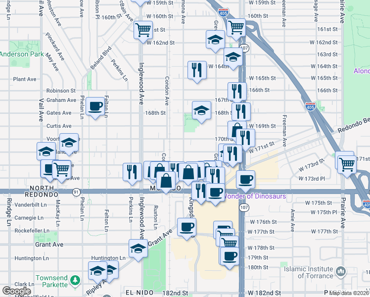 map of restaurants, bars, coffee shops, grocery stores, and more near 4579 West 171st Street in Lawndale