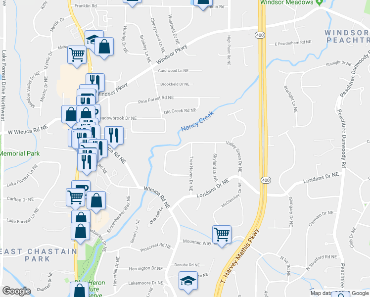 map of restaurants, bars, coffee shops, grocery stores, and more near 4432 Tree Haven Drive Northeast in Atlanta