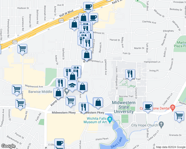map of restaurants, bars, coffee shops, grocery stores, and more near 3423 Sherwood Lane in Wichita Falls