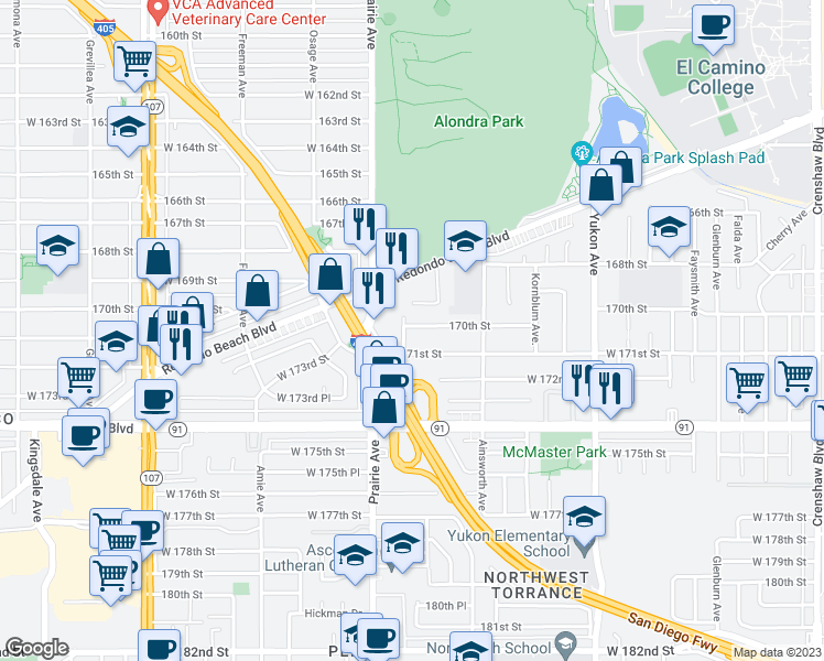 map of restaurants, bars, coffee shops, grocery stores, and more near 17002 Cordary Avenue in Torrance