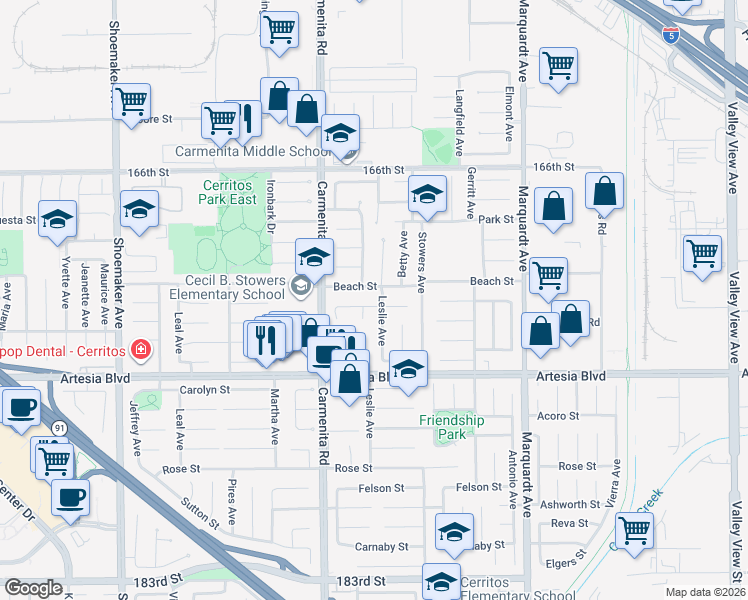 map of restaurants, bars, coffee shops, grocery stores, and more near 13469 Palm Place in Cerritos