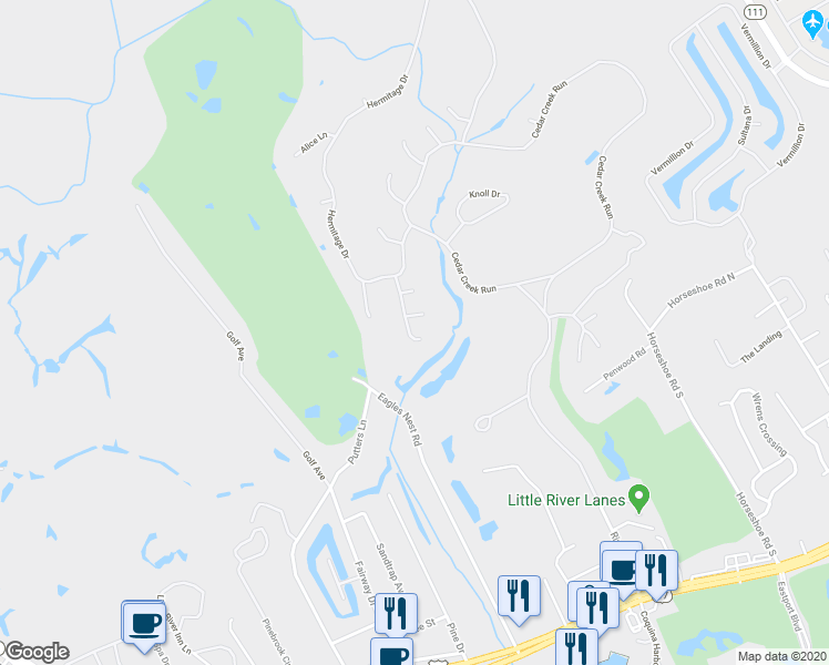 map of restaurants, bars, coffee shops, grocery stores, and more near 3179 River Bluff Lane in Little River
