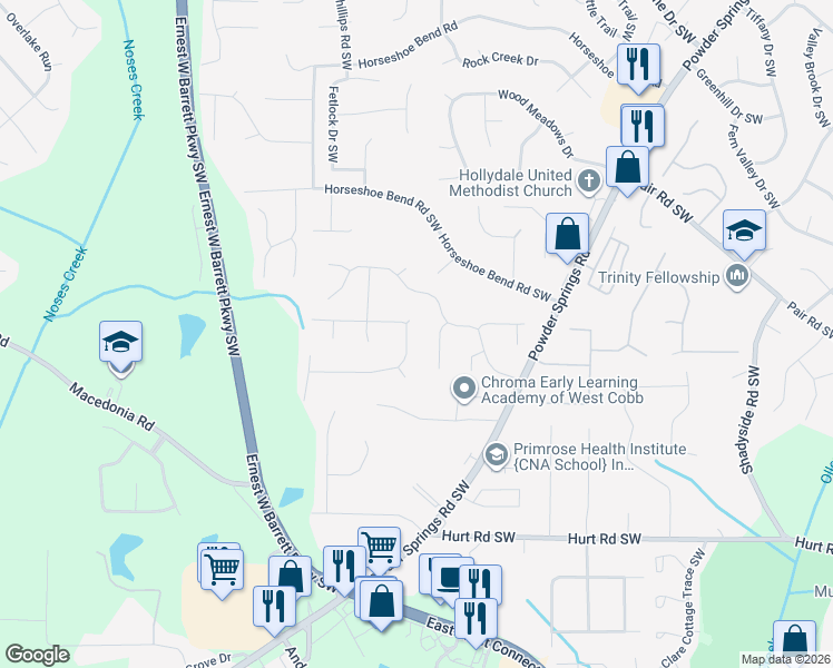 map of restaurants, bars, coffee shops, grocery stores, and more near 2671 Foxglove Drive Southwest in Marietta