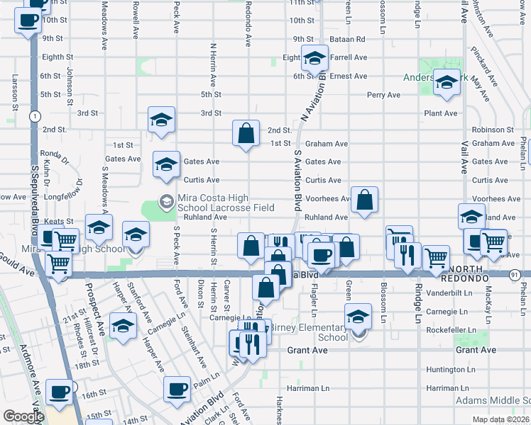 map of restaurants, bars, coffee shops, grocery stores, and more near 1727 Ruhland Avenue in Manhattan Beach