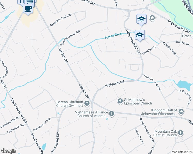map of restaurants, bars, coffee shops, grocery stores, and more near 2931 Winding Circle Southwest in Lilburn