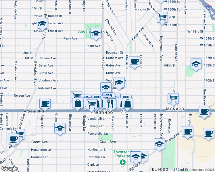 map of restaurants, bars, coffee shops, grocery stores, and more near 2307 Ruhland Avenue in Redondo Beach