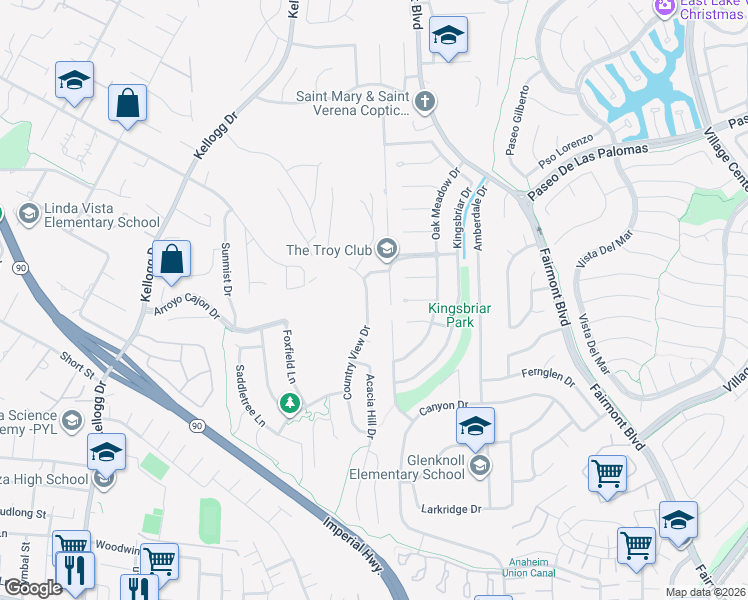 map of restaurants, bars, coffee shops, grocery stores, and more near 5912 Country View Drive in Yorba Linda