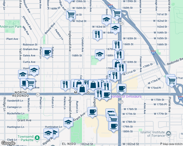 map of restaurants, bars, coffee shops, grocery stores, and more near 4579 West 171st Street in Lawndale