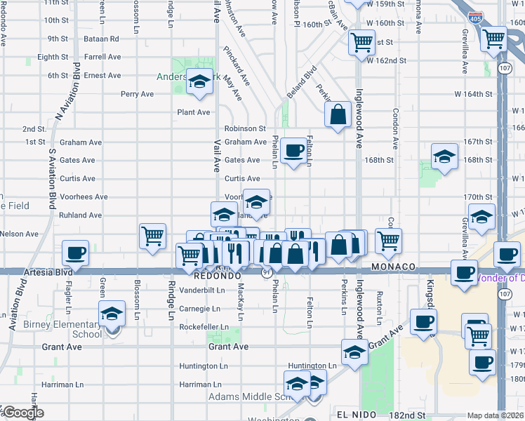 map of restaurants, bars, coffee shops, grocery stores, and more near 2305 Phelan Lane in Redondo Beach