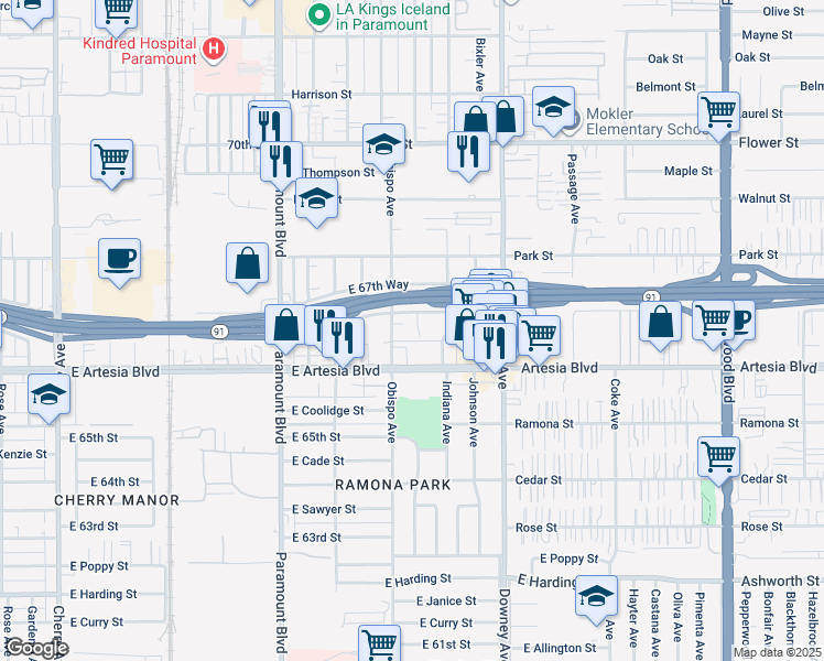 map of restaurants, bars, coffee shops, grocery stores, and more near 6671 Coronado Avenue in Long Beach