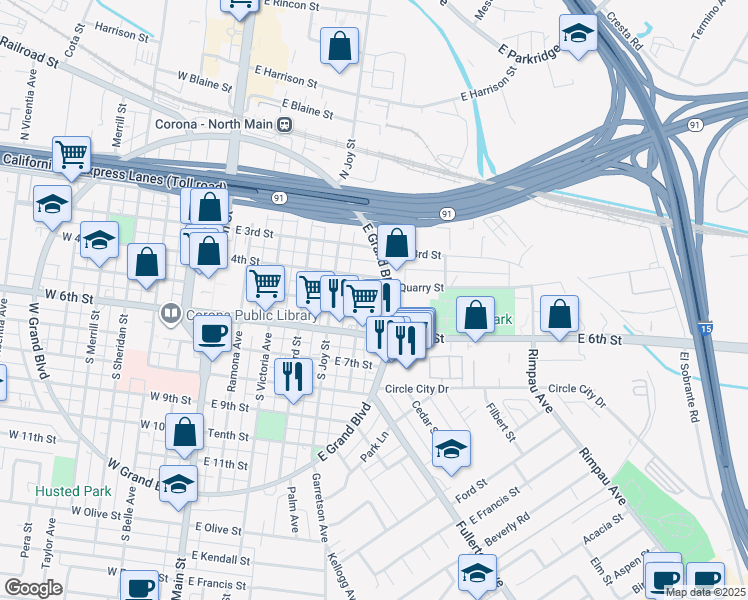 map of restaurants, bars, coffee shops, grocery stores, and more near 611 East 5th Street in Corona