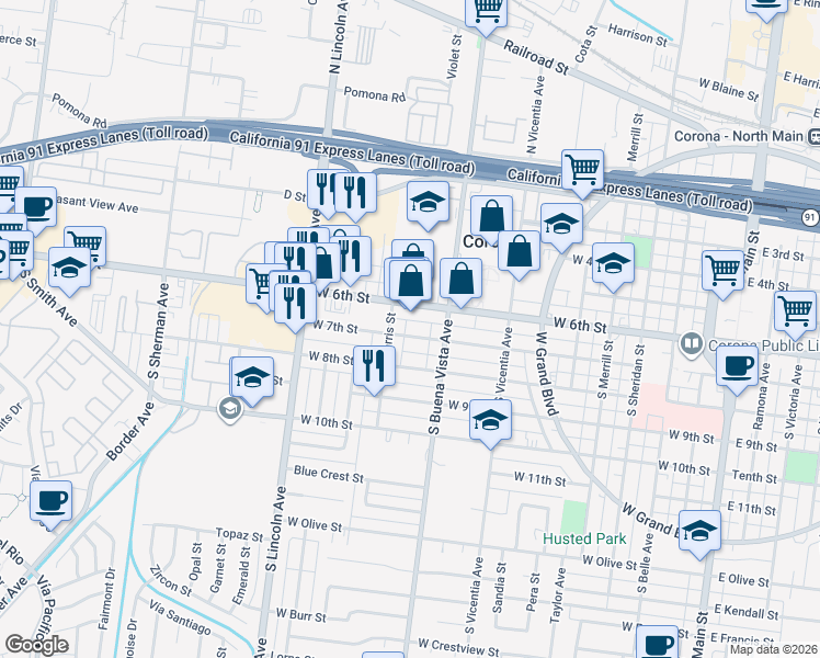 map of restaurants, bars, coffee shops, grocery stores, and more near 929 West 7th Street in Corona