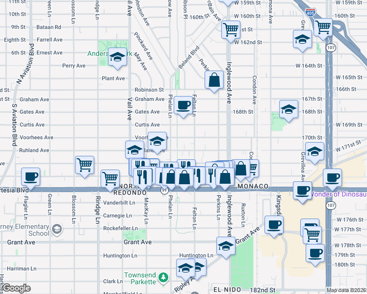 map of restaurants, bars, coffee shops, grocery stores, and more near 2517 Ruhland Avenue in Redondo Beach