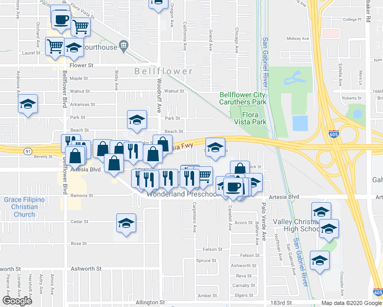 map of restaurants, bars, coffee shops, grocery stores, and more near 10282 Beverly Street in Bellflower