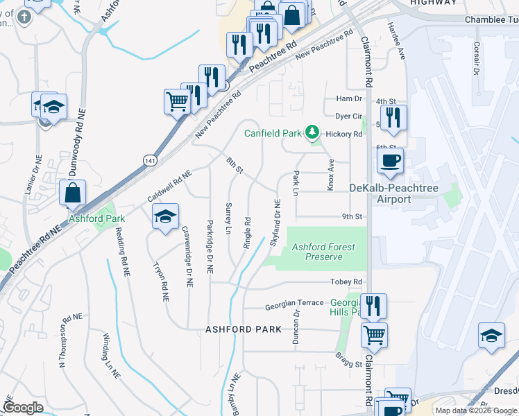 map of restaurants, bars, coffee shops, grocery stores, and more near 2991 Ringle Road in Chamblee