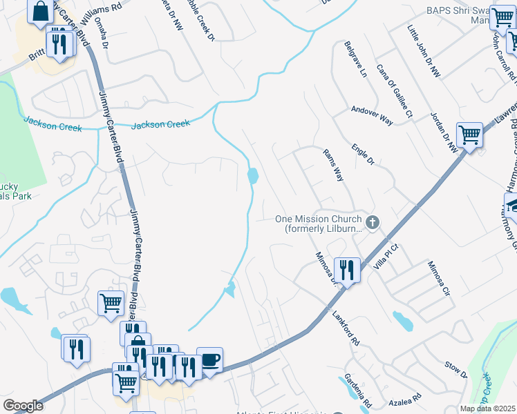 map of restaurants, bars, coffee shops, grocery stores, and more near 376 Shamrock Court in Tucker