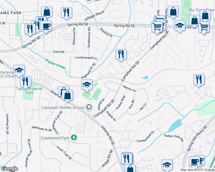 map of restaurants, bars, coffee shops, grocery stores, and more near 2018 Nancy Circle in Smyrna