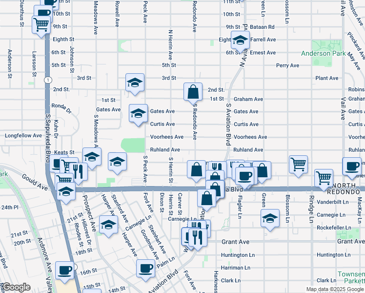 map of restaurants, bars, coffee shops, grocery stores, and more near 1617 Ruhland Avenue in Manhattan Beach