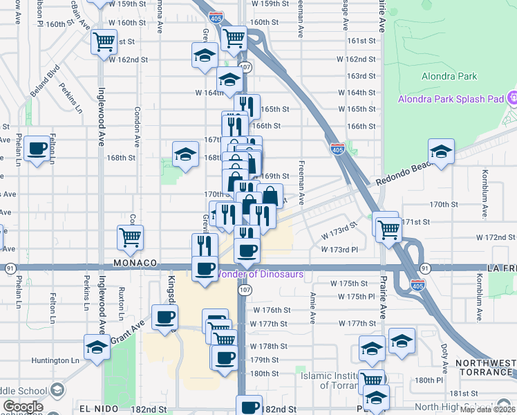 map of restaurants, bars, coffee shops, grocery stores, and more near 4343 West 171st Street in Lawndale