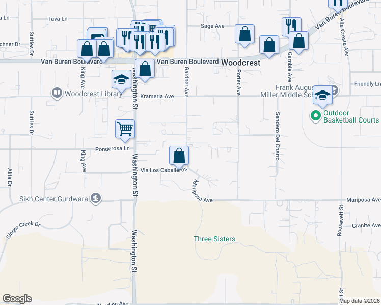 map of restaurants, bars, coffee shops, grocery stores, and more near 16750 Gardner Avenue in Riverside