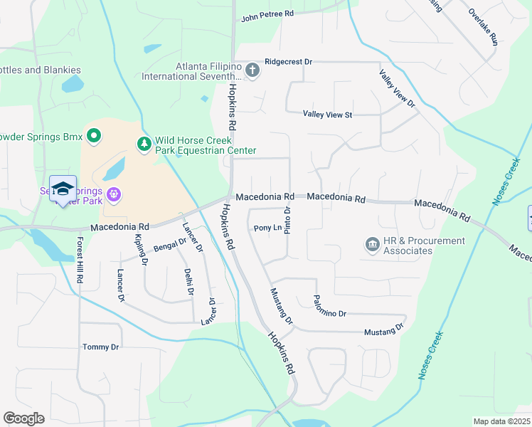 map of restaurants, bars, coffee shops, grocery stores, and more near 3518 Mustang Drive in Powder Springs